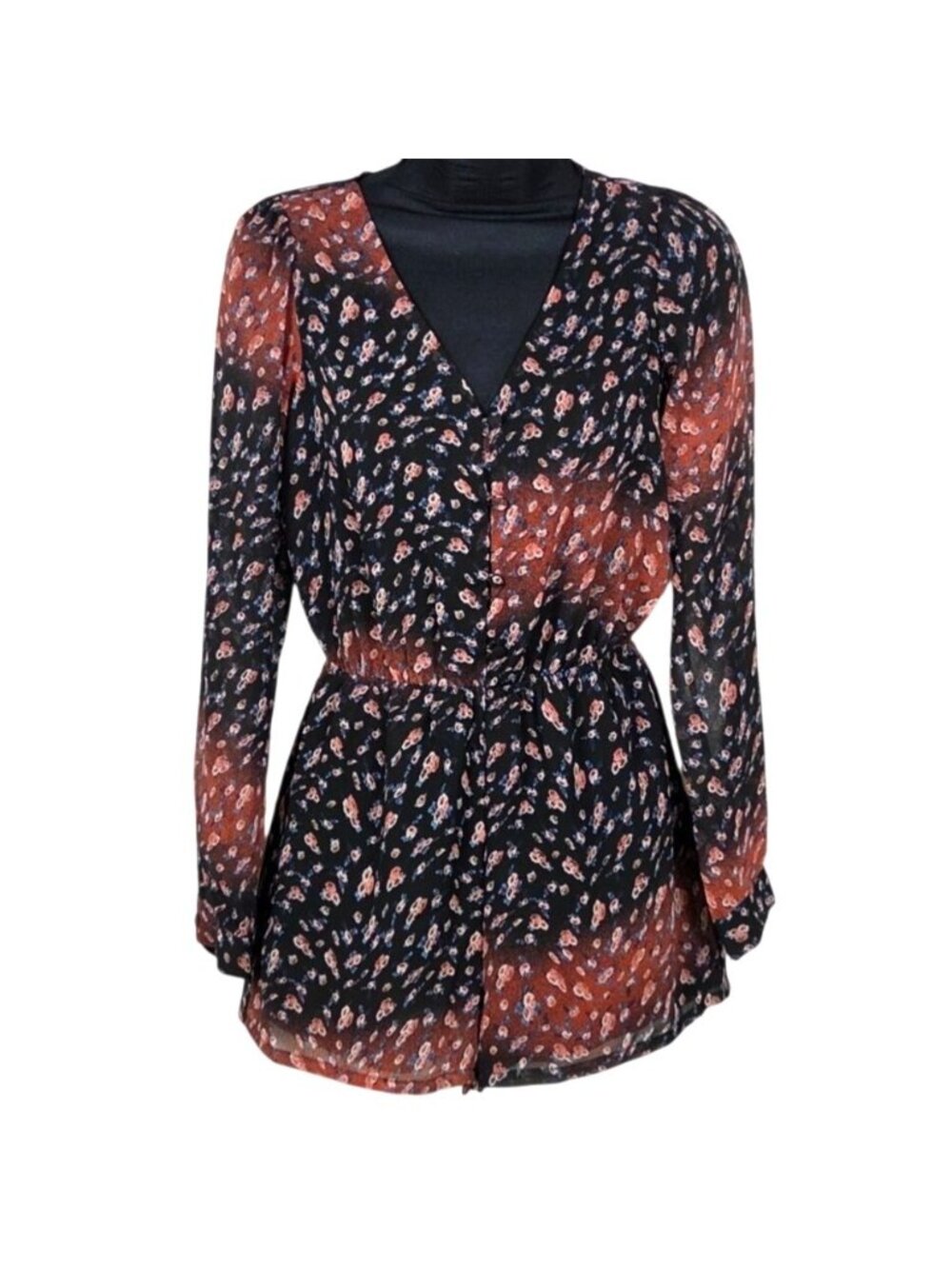 BCBGeneration XXS Floral Long Sleeve Romper Elastic Waist Sheer Button Front